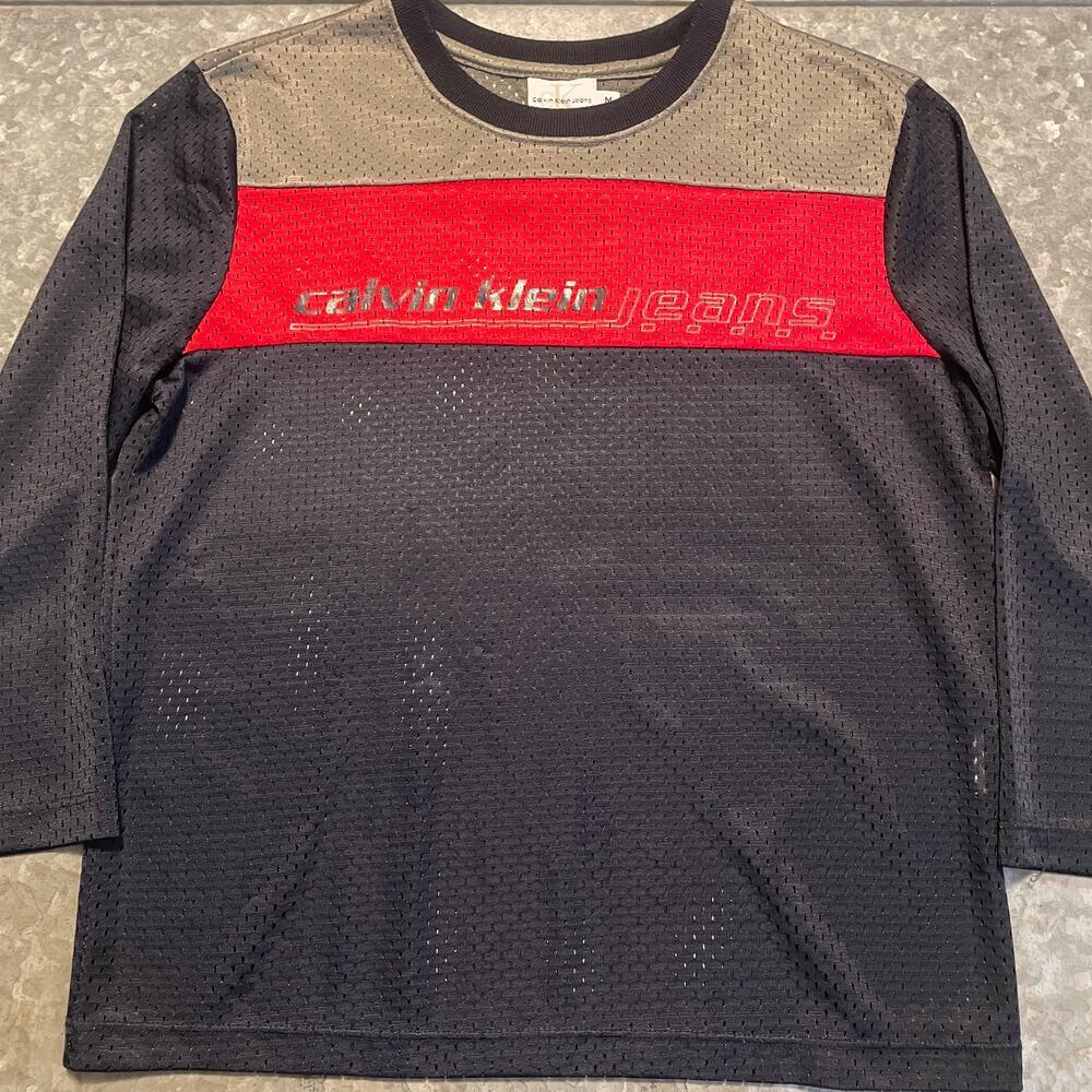 Vintage CK Calvin Klein Jeans 90s Y2K Logo Mesh Shirt Womens Medium 3/4 Sleeve